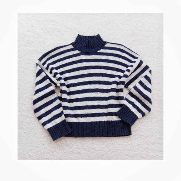 eskandar Sweaters - Eskander Striped mock neck linen sweater navy blue